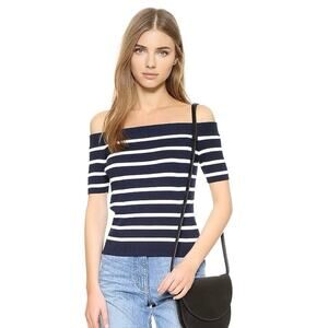 Sunday Stevens Navy Blue White Off The Shoulder Striped Knit Sweater Top Size L